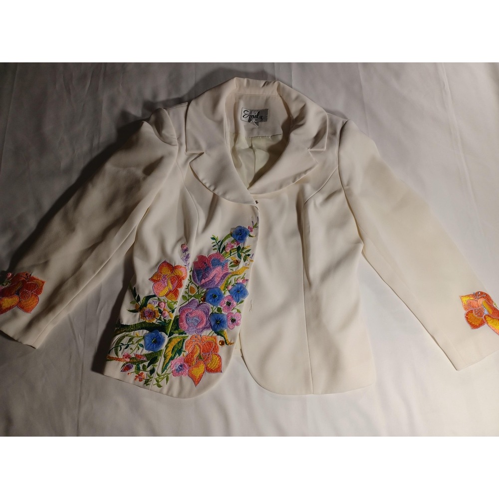 Emily‎ Dress Jacket Set Womens 8 White Floral Embroidered Beaded 2 Piece Suit